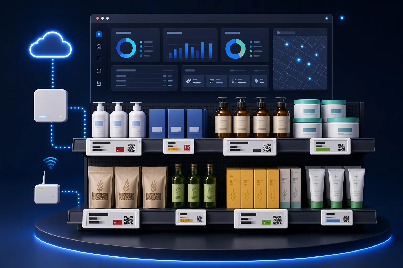 Electronic shelf labels connected to a cloud retail pricing dashboard and store gateway