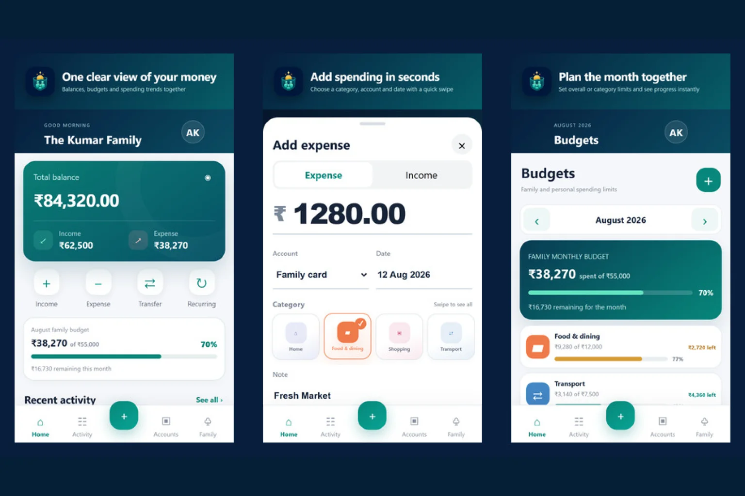 PocketMoney Android app screens for a family dashboard, expense entry and monthly budgets