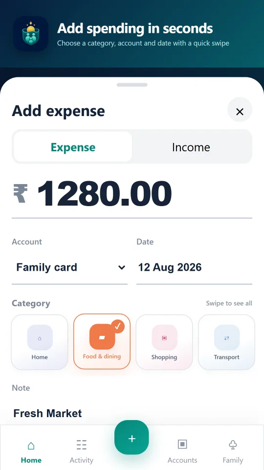 PocketMoney add expense form with account, date and category choices