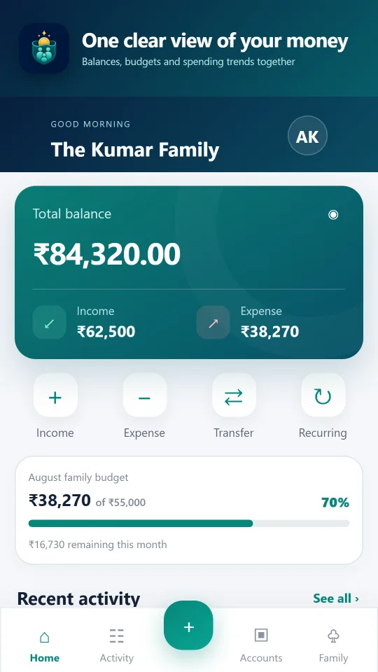 PocketMoney family dashboard with balance, income, expense and budget progress