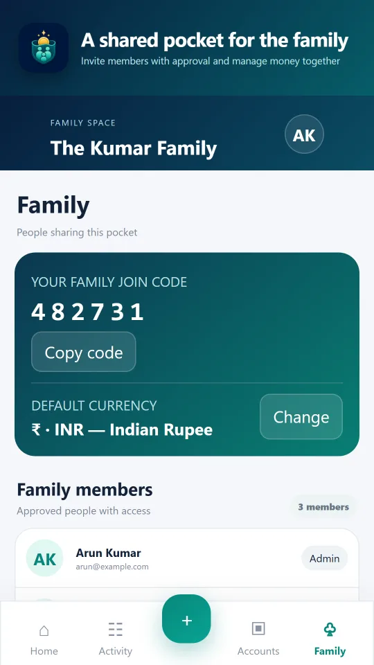 PocketMoney family code, currency and approved members screen